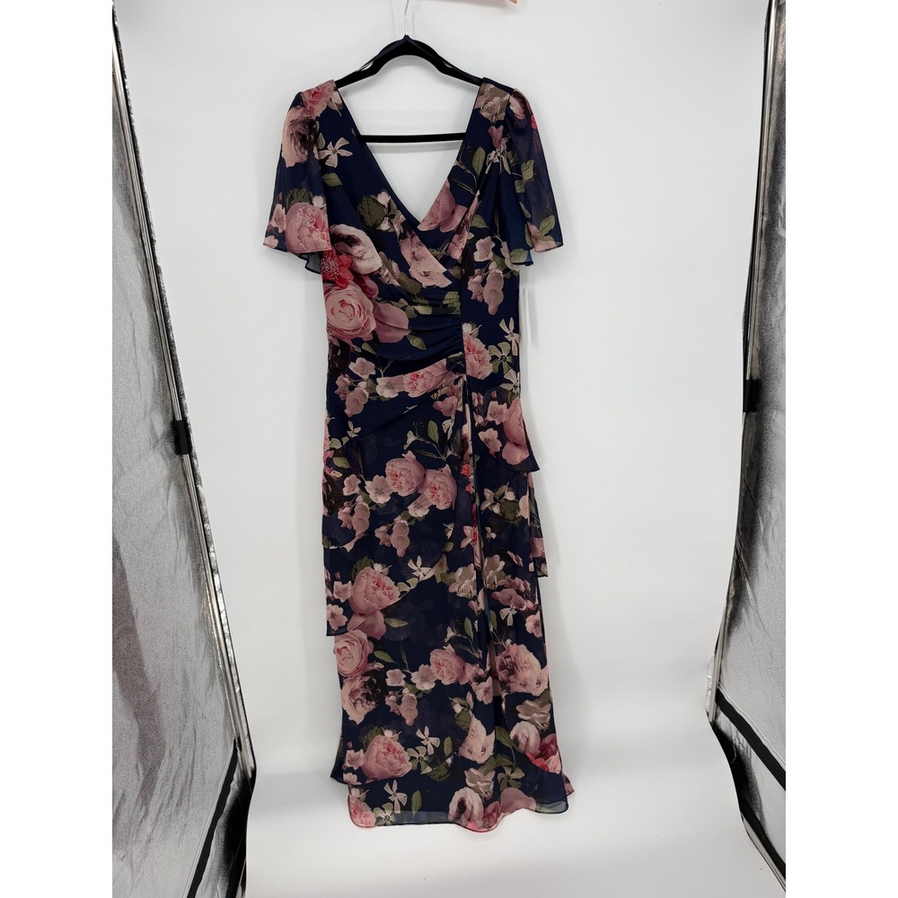 XSCAPE Floral Maxi Dress 12 Navy Blue Tiered Ruffle Romantic Wedding Guest